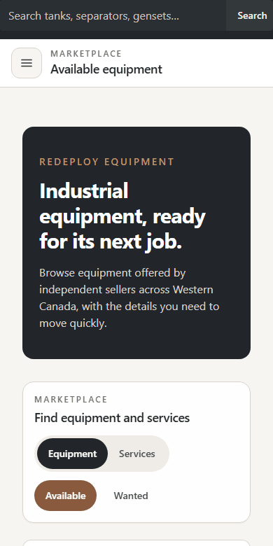 Redeploy HQ equipment marketplace with search filters and industrial equipment listings