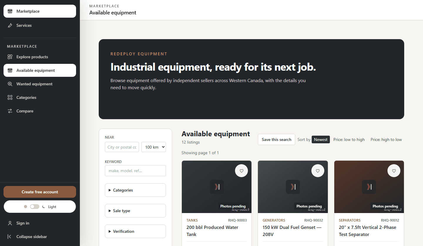 Redeploy HQ equipment marketplace with search filters and industrial equipment listings