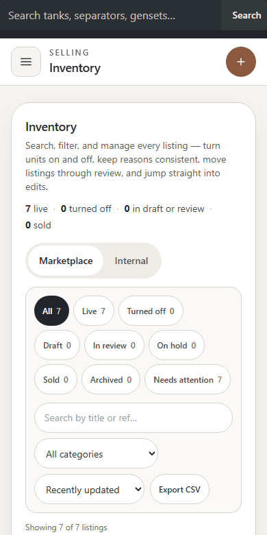 Redeploy HQ seller inventory workspace with listing filters, status, pricing, and activity