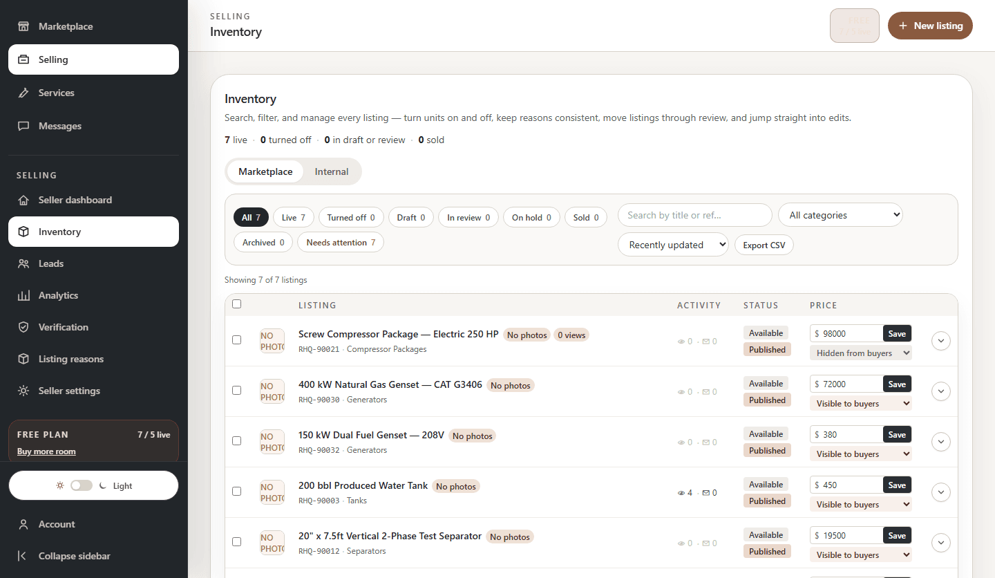 Redeploy HQ seller inventory workspace with listing filters, status, pricing, and activity