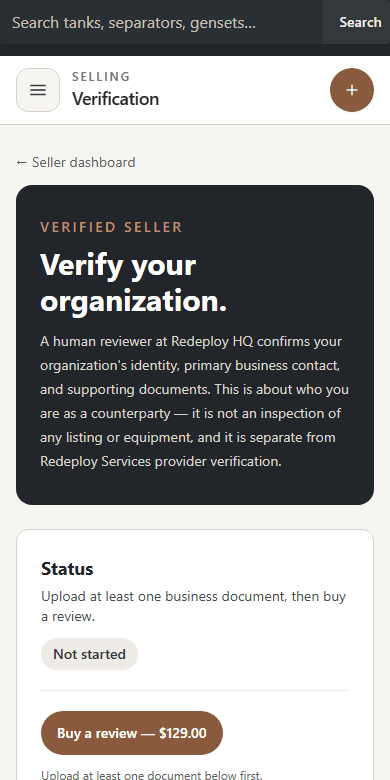 Redeploy HQ seller verification workflow showing review status and business documents