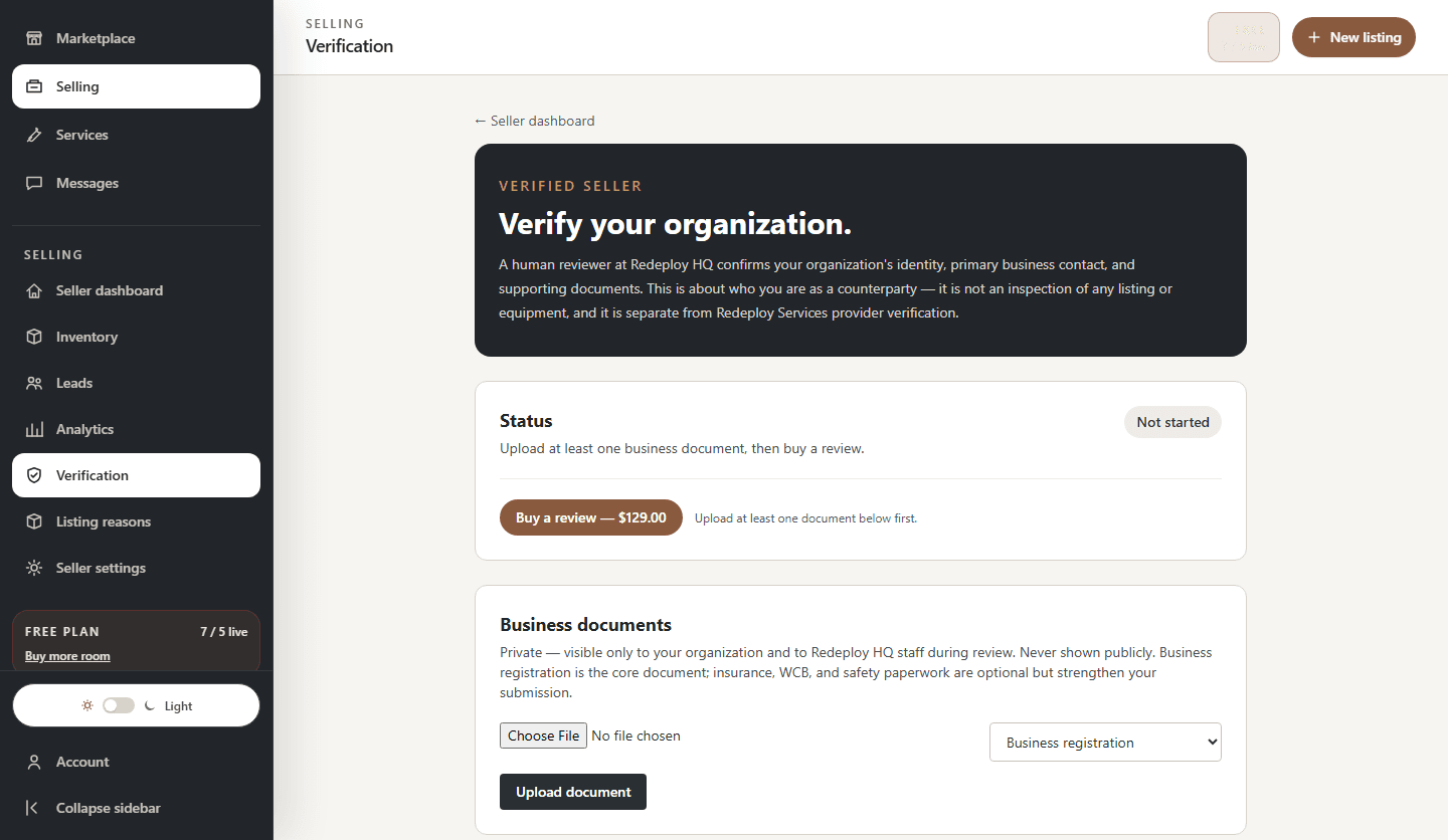 Redeploy HQ seller verification workflow showing review status and business documents