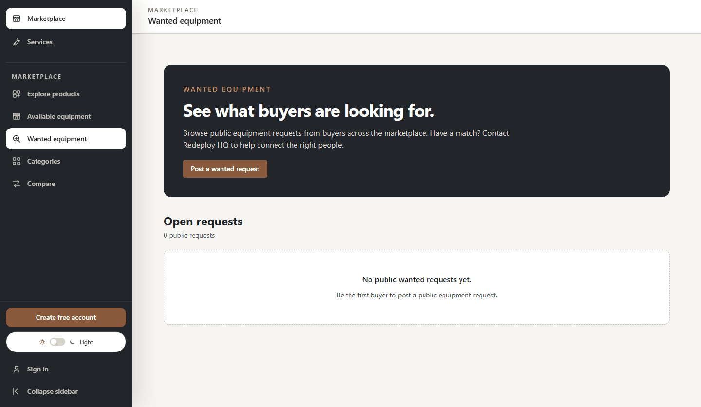 Redeploy HQ wanted equipment page for publishing and browsing buyer requests